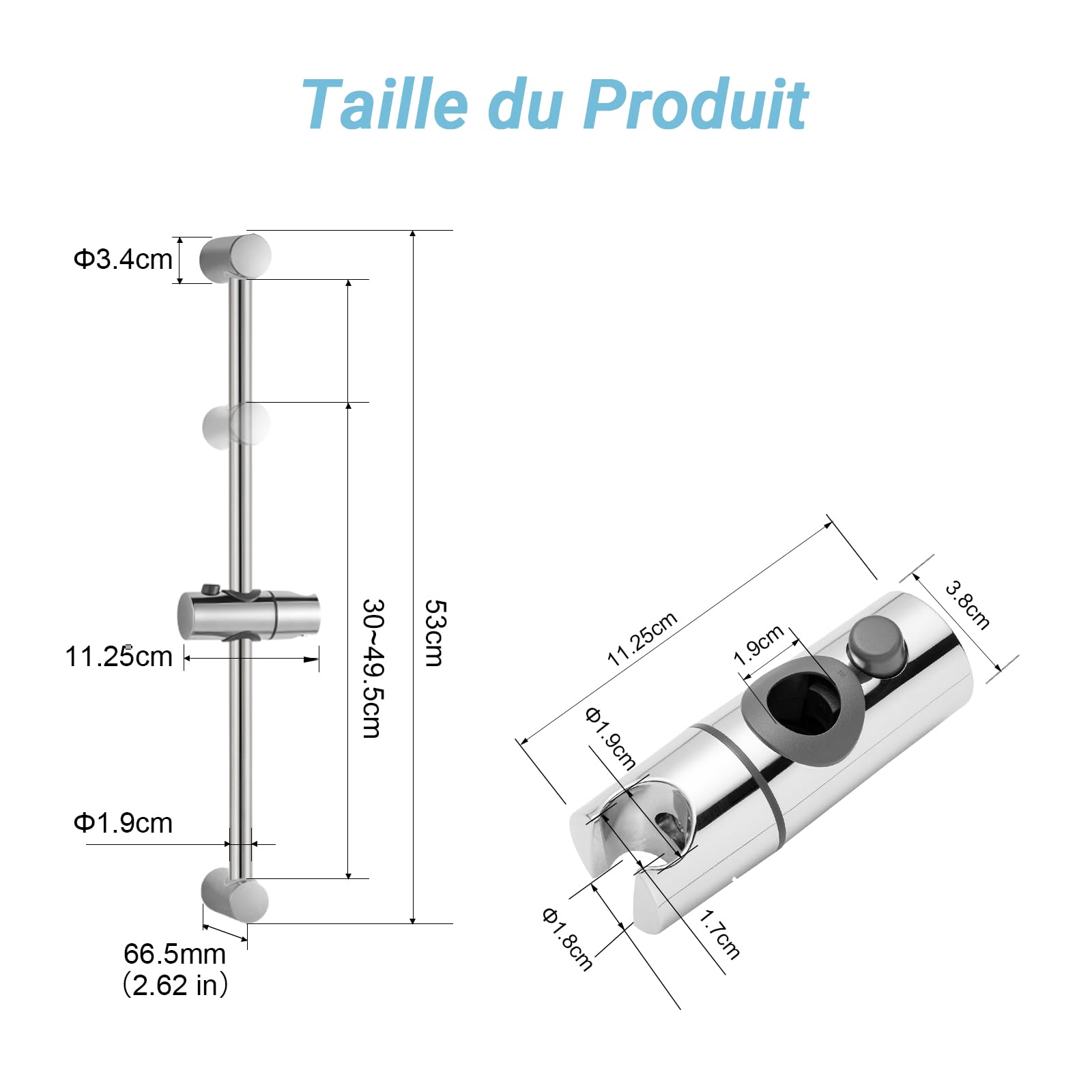 OFFO Barre de Douche 53cm,avec Support Pommeau de Douche,Distance Réglable de 22 à 50cm,Barre Douche de Remplacement,Finition en Acier Inoxydable