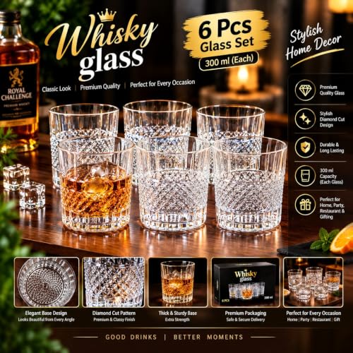 Image of Whisky Glass Set of 6, Diamond Cut Pattern, 300 ml Each