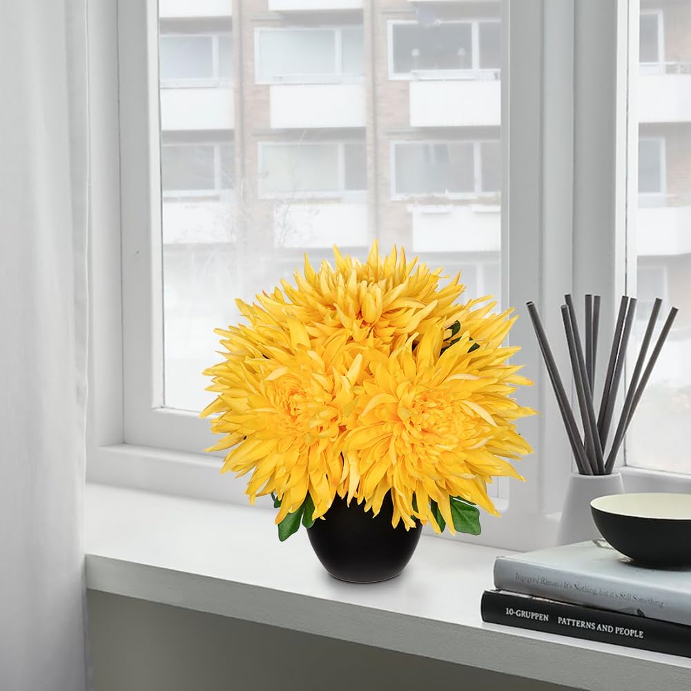Hollyone Artificial Mums Flowers in Vase Faux Chrysanthemum Silk Flowers Potted Plant Fake Plants & Flowers with Pot Floral Arrangements Bouquets Pincushion Spider Mum Flower Home Decor Yellow - Image 5