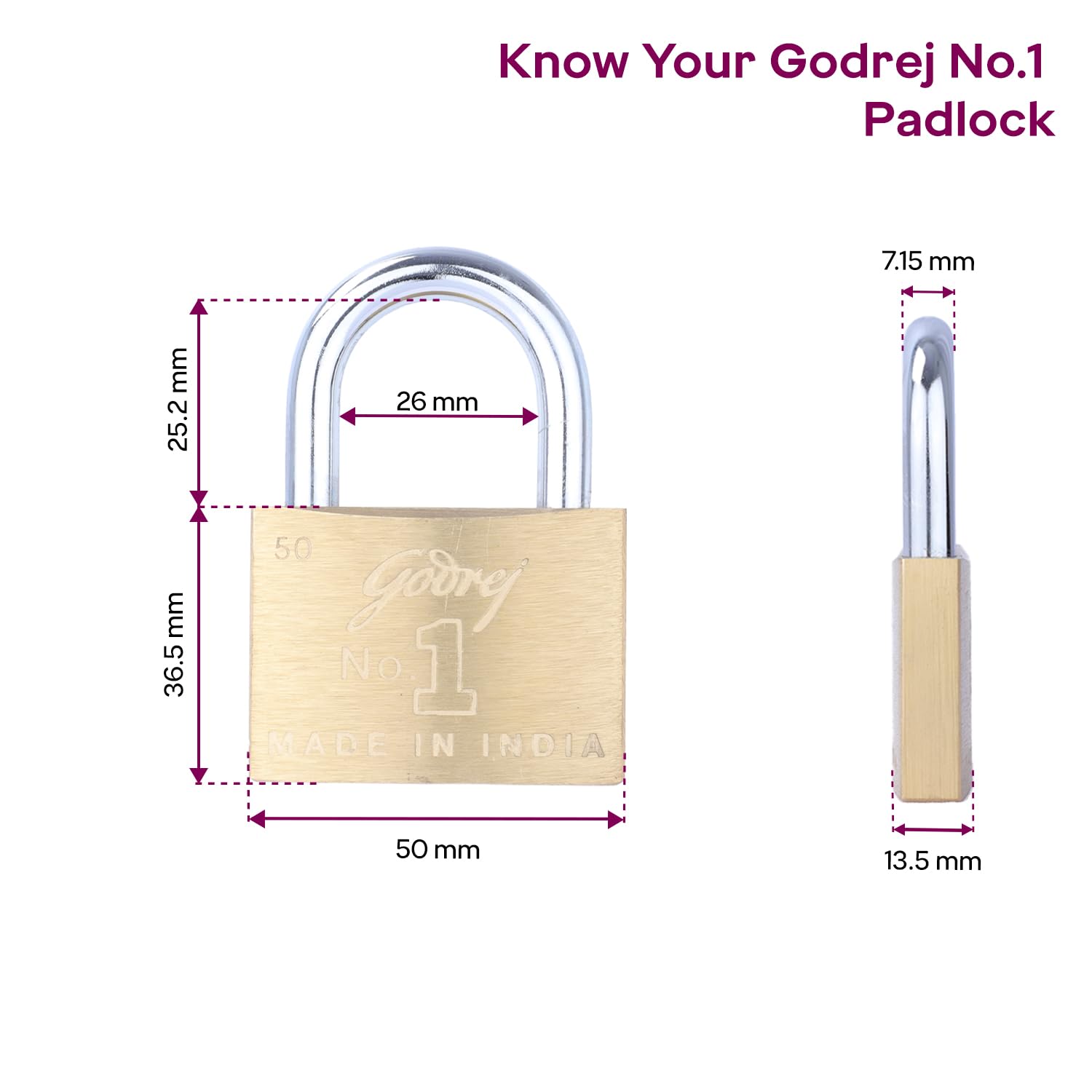 Godrej No. 1 Made in India 50mm Square Padlock for Door, Hardened Shackle Brass Finish Lock for Main Door with 3 Keys (Gold, Pack of 1) 3