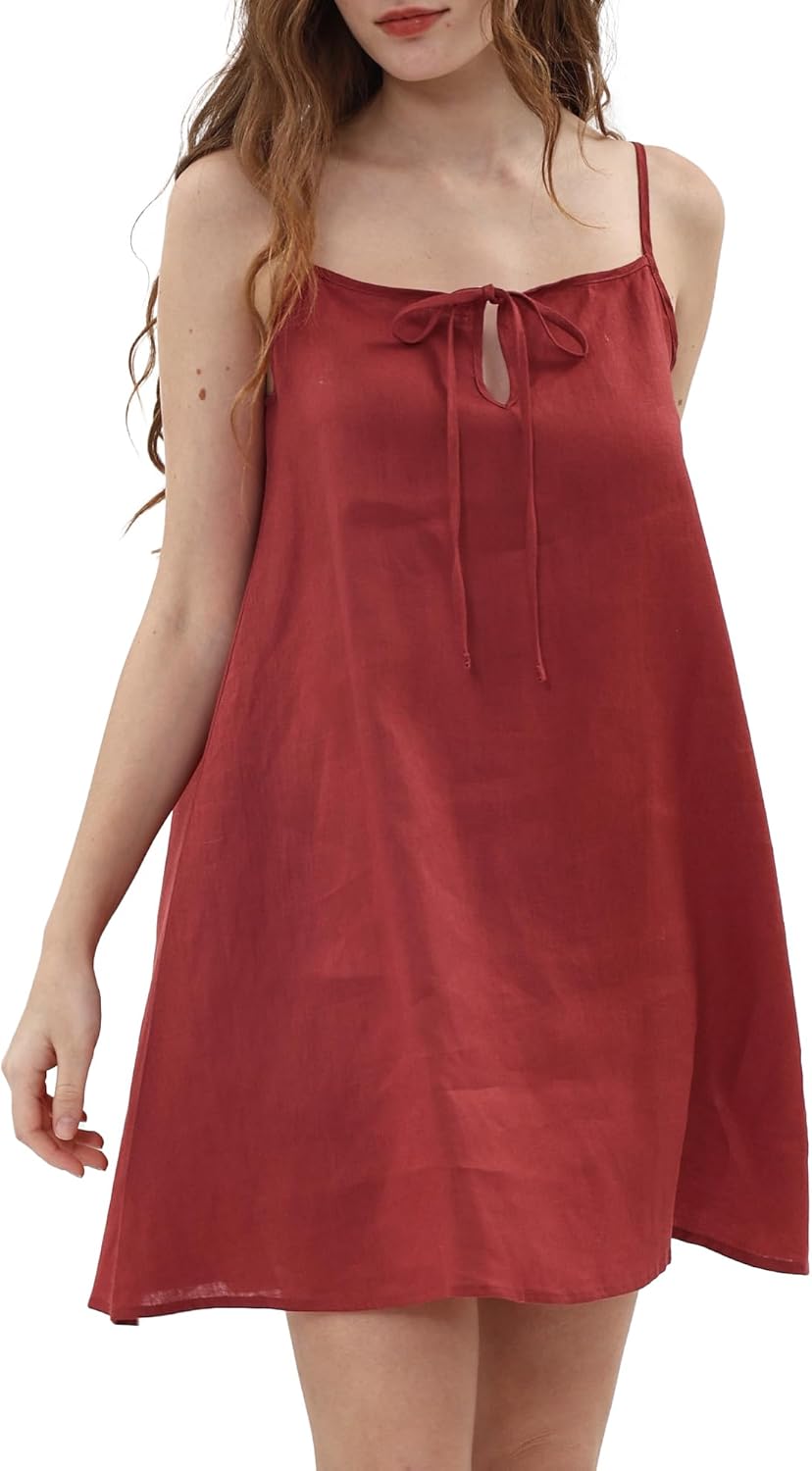 Xintianji Womens 100% Linen Dress Sleeveless Mini Adjustable Straps Beach Sundress