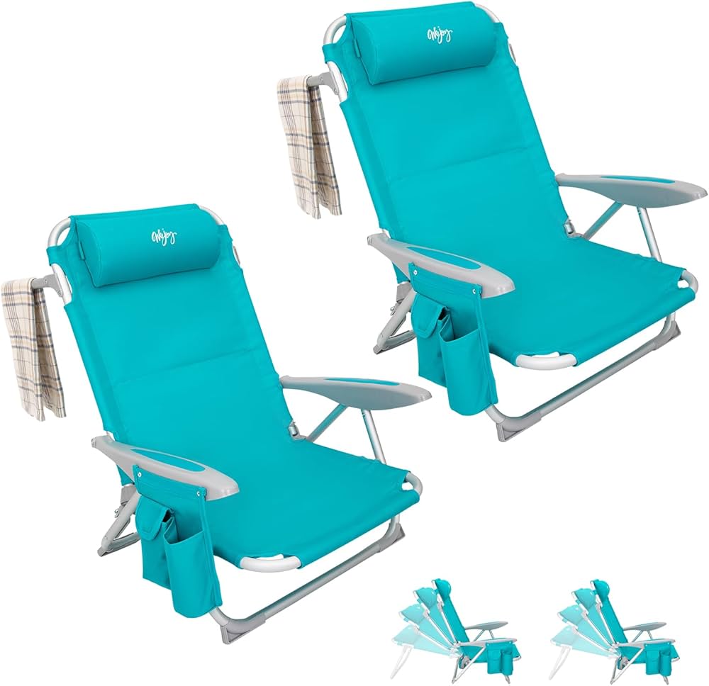 #WEJOY Folding Beach Chair for Adults, 4-Position Aluminum Lightweight Beach Chair, Low Beach Chairs with Shoulder Strap, Cup Holder and Padded Headrest, Supports 265lbs for Beach Lawn, Blue