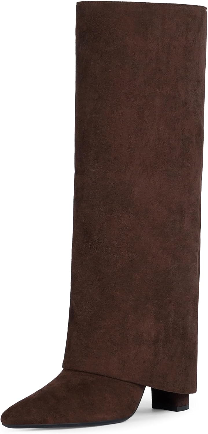 Modatope Knee High Boots Women Fold Over Knee High Boots Chunky High Heels Long Boots Zipper Pointed Toe Dress Tall Boots for Women
