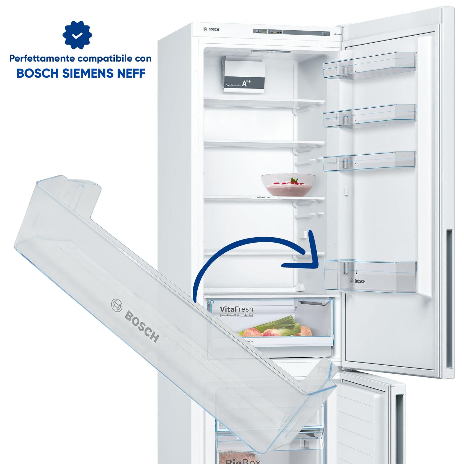ERICAMBI® Mensola Balconcino Portabottiglie Inferiore per Frigorifero, Compatibile con Bosch Siemens Neff Balay, Dimensioni: 458x100x120 (mm) per Modelli: 3KFE KDN KGE KGN KGV