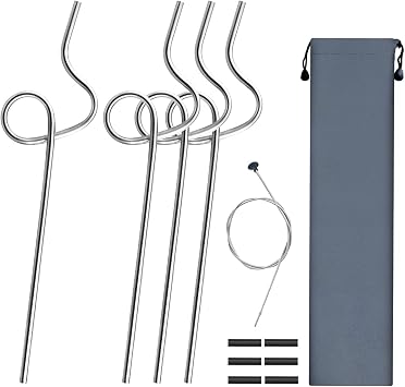 Reusable Loop Stainless Steel Straws with Travel Case & Cleaning Brush & Silicone Flex Tips, Eco Friendly Metal Straws Set of 4 Silver