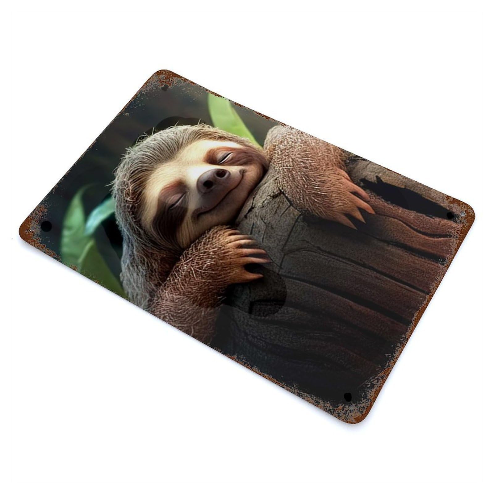 Cute Sloth On A Tree Rust Effect Tin Sign 11.8"x7.9", Industrial Home Decor for Bistro, Counter And Cafe Decor