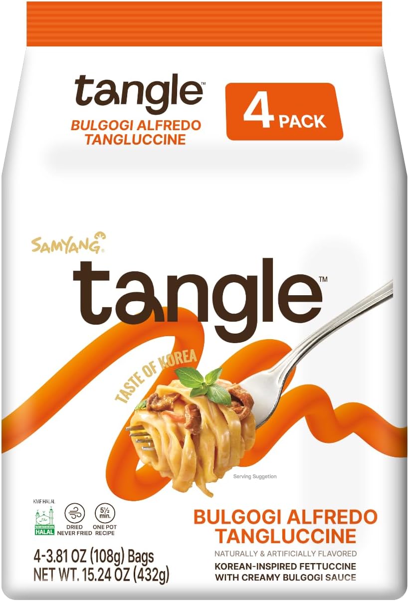 Tangle Bulgogi Alfredo Tangluccine - Instant Pasta Noodles, Microwave Ready, Firm Bouncy Air Dried Noodles, Korean Inspired Alfredo Fettuccine With Creamy Bulgogi Sauce [3.81 OZ (108g) x 4 Bags]