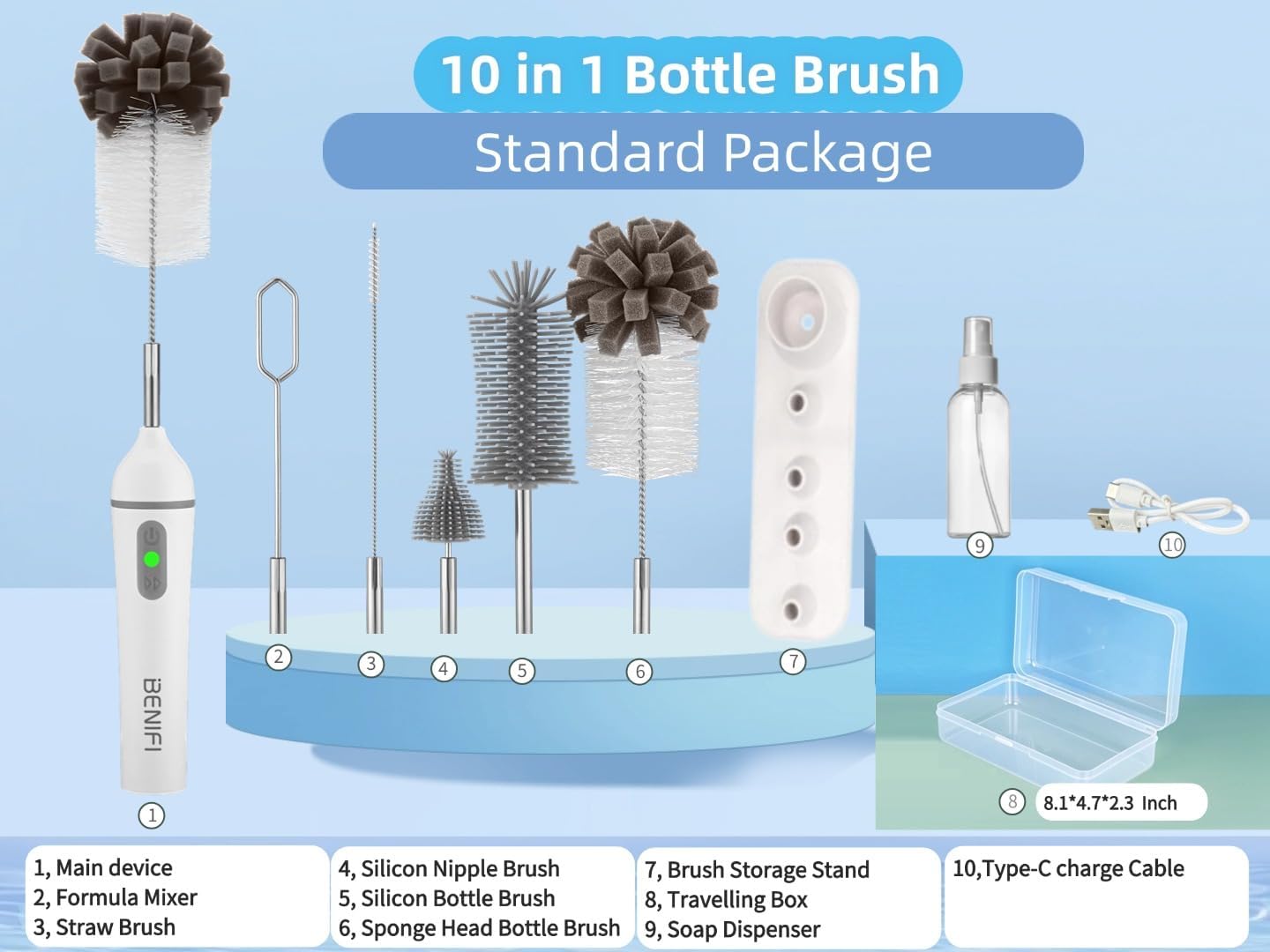 Electric Bottle Brushes Set, Baby Bottle Brush Cleaner, Portable Cleaning Brush Set, Silicon Bottle Brushes, Formula Mixer, Nipple Brush, Straw Brush, Soap Dispenser - Image 2