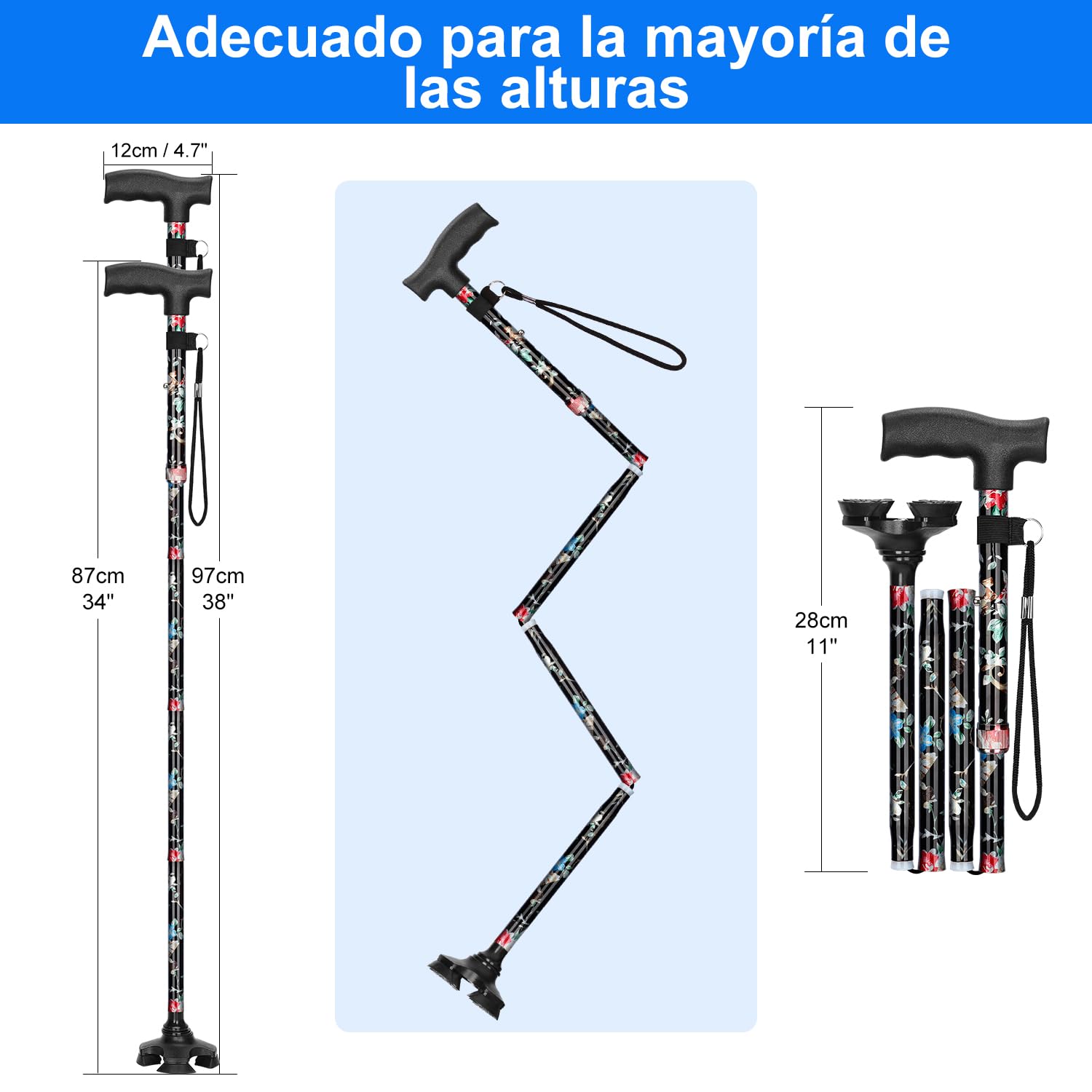 ‌supregear Bastón Plegable para Mayores - Bastón Ajustable 5 Niveles con Base Pivotante, Empuñadura en T y Correa Antideslizante