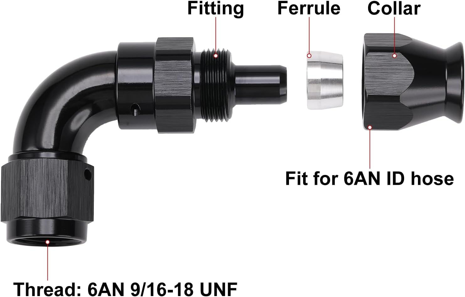 6AN PTFE Hose End Full Flow Fitting 90 Degree Elbow Swivel Aluminum Black - Image 2