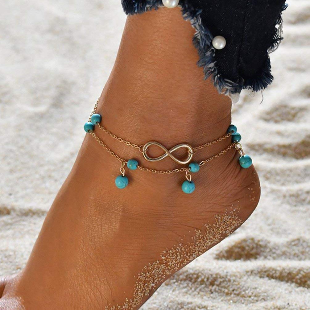 Cavigliera da Spiaggia Estiva, Catena da cavigliera a 2 Strati Sandalo da Spiaggia Boho Braccialetto alla Caviglia con Perline con Ciondolo a Piedi Nudi Comodo ed Ecologico