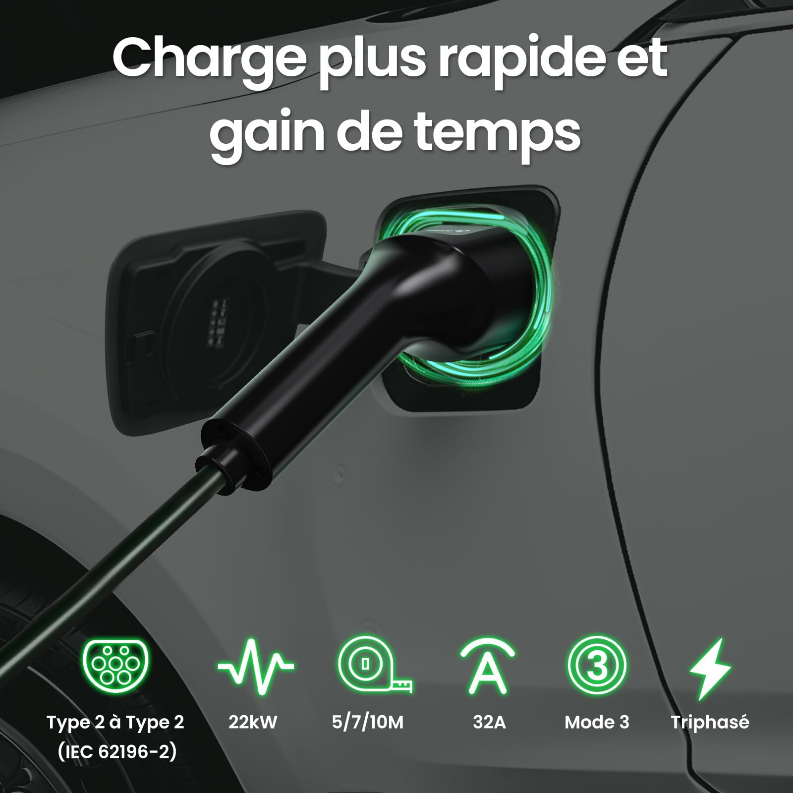 GONEO Type 2 Câble de Charge 22KW 5M 32A Voiture Électrique Triphasé Type 2 à Type 2 EV/PHEV Câble avec Sac de Transport Contacts Plaqués Argent sans Halogène