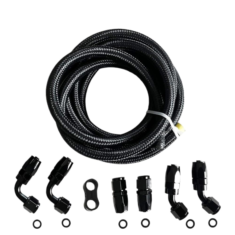 An6 Or An8 3m 10ft E85 Tube Nylon Stainless Steel Braided PTFE Black Fuel Line Fitting Kit with 6 Pcs Swivel Hose Ends(AN8)