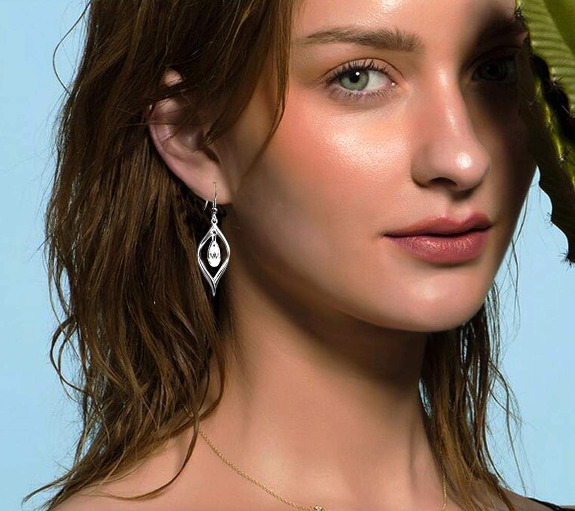 Rhodium Plate 925 Sterling Silver Hook Twist Leaf Holiday Hypoallergenic Dangle Earrings for Women Gifts Engagement Wedding with Austrian Daiamond Cut Waterdrop Crystal Hight Polished Long :1.9 IN