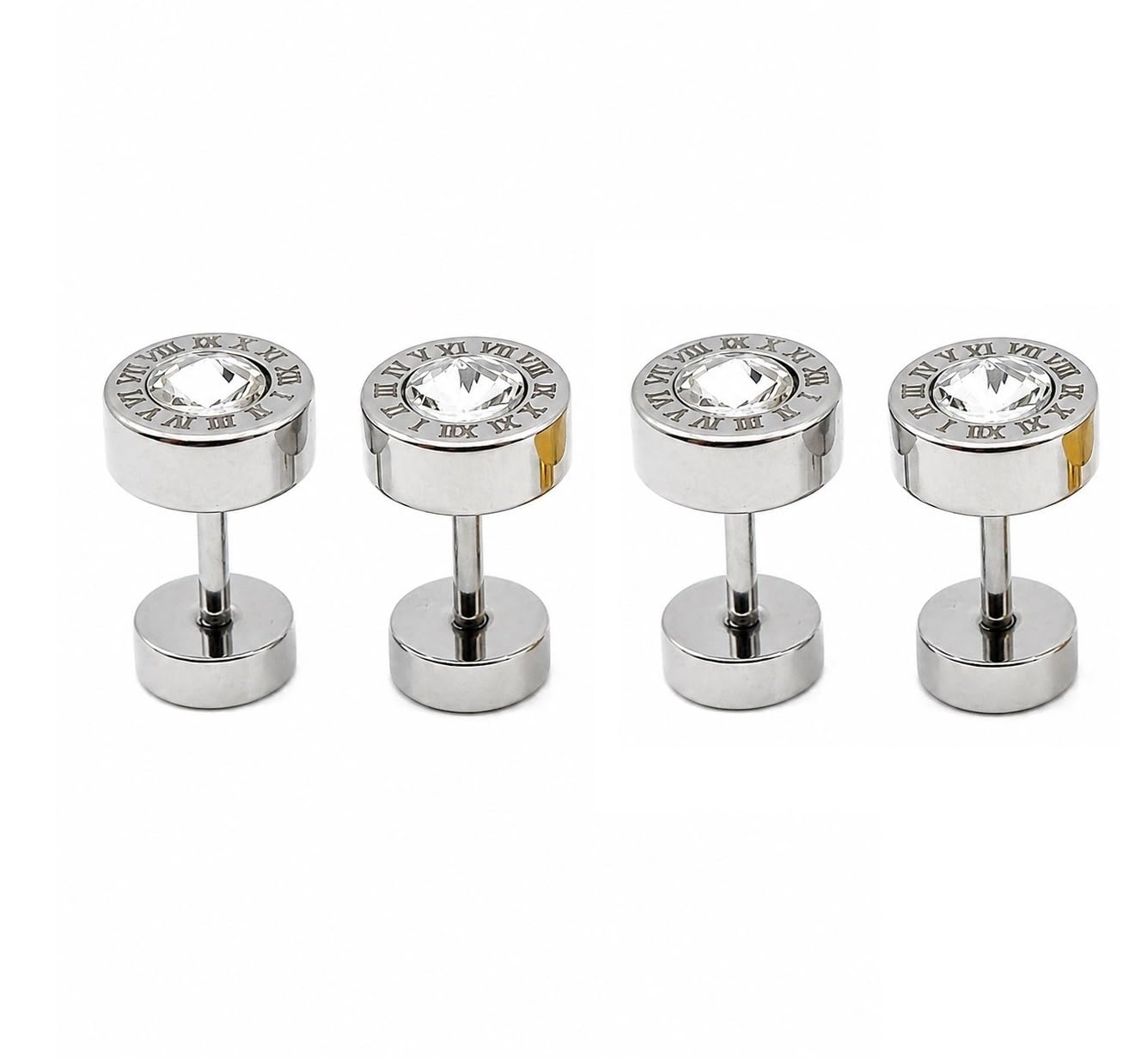 2 Set Silver Roman Numeral Round With Crystal Stone Stainless Steel Stud Earring-image-6