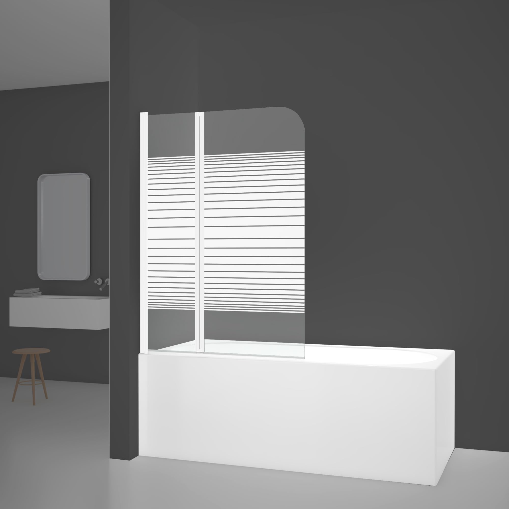 MARWELL White Lines - Mampara de ducha plegable para bañera (100 x 140 cm, 2 piezas, color blanco mate), mampara de ducha de vidrio templado de seguridad de 4 mm de grosor
