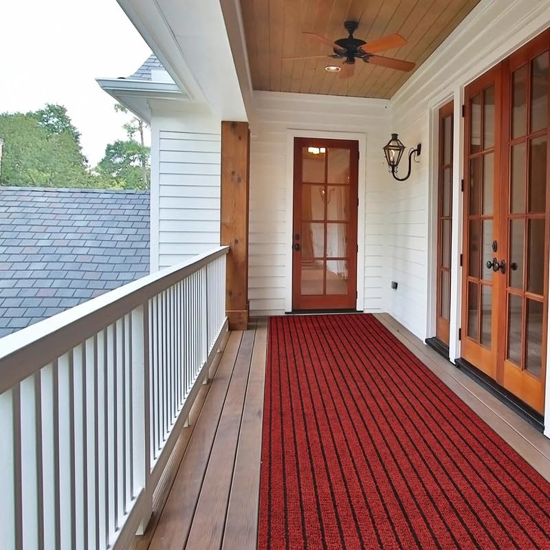Image of TIB Anti-Slip Door Mat with PVC Rubber Backing, Water & Stain Resistant Striped Floor Mat for Home Entrance, Bathroom & Kitchen, Durable Non-Woven Surface,Easy Clean Doormat,4x7ft,Red
