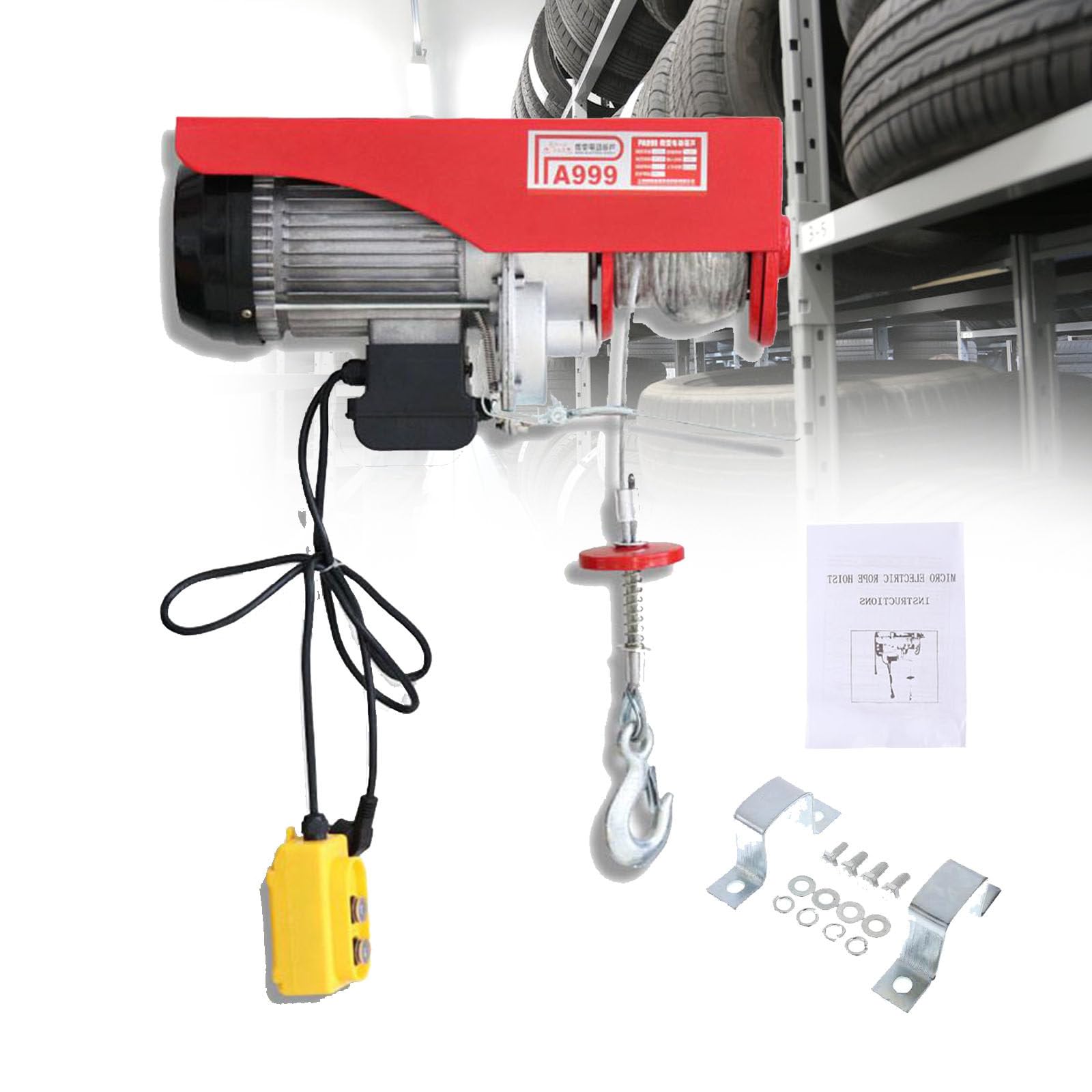 Ascensore per Verricello con Telecomando per Gru Industriale, Paranco Elettrico con Telecomando A Filo E Imbracature Singole/Doppie Verricello Elettrico-Motore in Rame Puro 400kg-12m