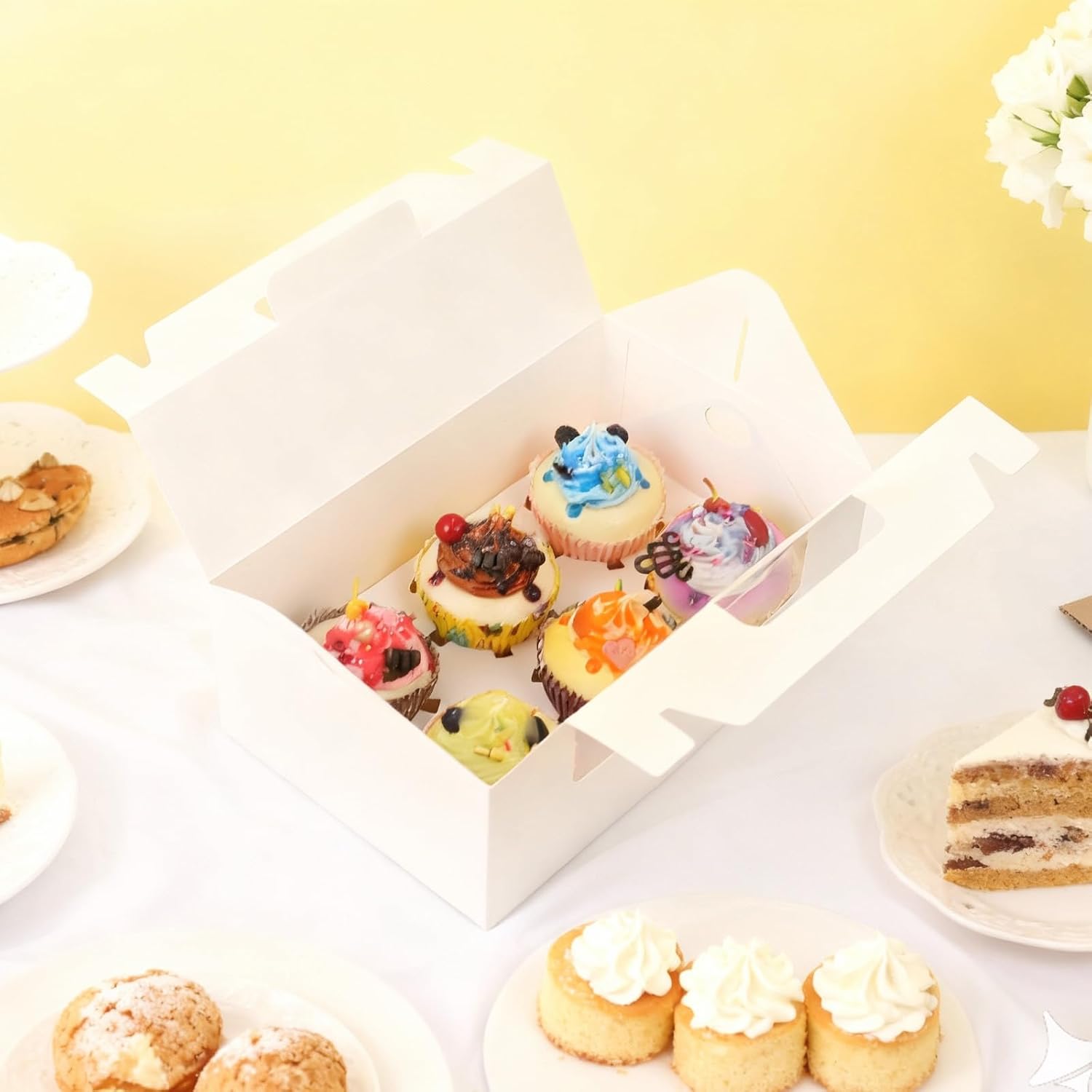 FORBFAN 6 Count Cupcake Boxes, 50 Pack Cupcake Containers with Handle, Window, and Inserts – Holds 300 Standard Cupcakes, Food-Grade Gable Boxes for Muffins, Cakes, and Party Desserts