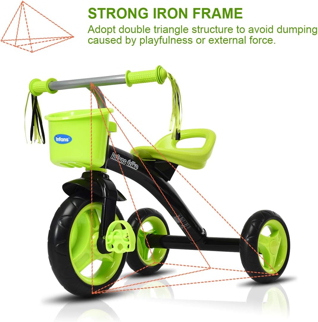INFANS Kids Tricycle Rider with Adjustable Seat, Storage Basket, Premium Quiet Wheels, Non-Slip Handle (Green) : Sports & Outdoors