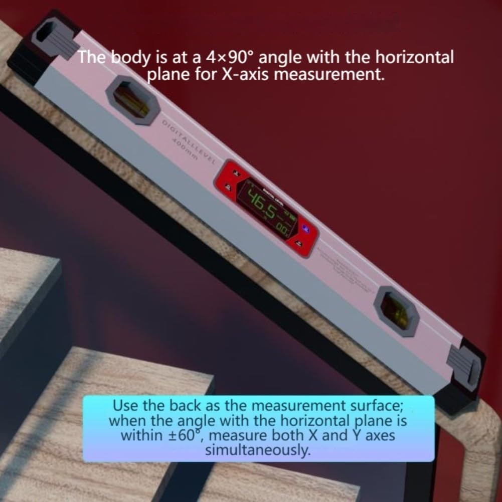 Nivel digital 400 mm con pantalla digital, inclinómetro biaxial y base magnética, notificación acústica a 0°/30°/45°/60°/90°, superficies metálicas, para mediciones precisas de ángulo