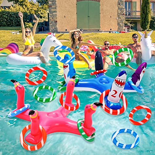 Inflatable Ring Toss Games With 6 Rings, Flamingo Shark Pool Ring Toss Game Summer Pool Toys Party Games For Kids And Adults (Shark-Blue) #TOP6