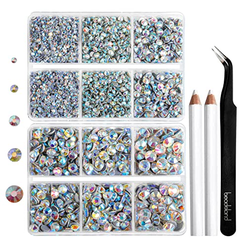 Image of 6736pcs Hotfix Rhinestones Flatback,AB Crystal Rhinestones for Crafts Clothes Mixed 5 Sizes, Hotfix Crystals with Tweezers and Wax Pencil Kit, SS6-SS30,Crystal AB