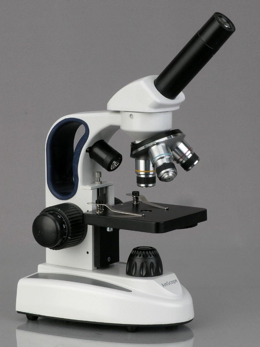 AmScope M158-2L Cordless Compound Monocular Microscope, WF10x Eyepiece, 40x-400x Magnification, Upper and Lower LED Illumination with Rheostat, Brightfield, Single-Lens Condenser, Coaxial Coarse and Fine Focus, Plain Stage, 110V or Battery-Powered