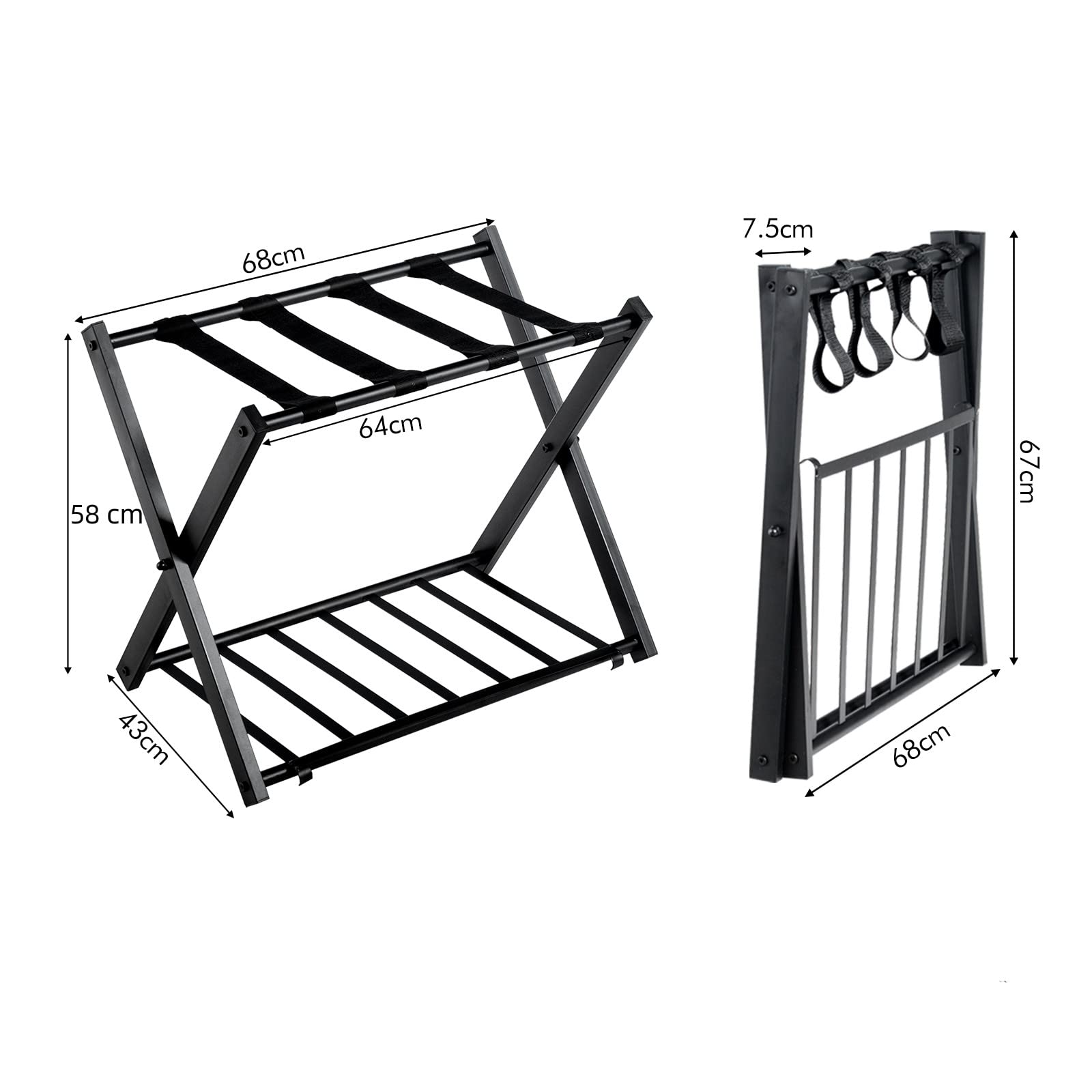 GYMAX Estante Plegable para Maletero, Portaequipajes Doble Capa, con 4 Correas Estables y Diseño de 2 Pisos, Estante de Equipaje Soporta hasta 60 kg, para Habitación de Huéspedes y Hotel (Negro, 2)