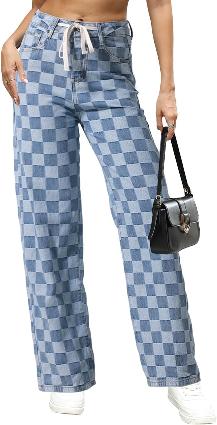 (Size 12) Allimy Womens Drawstring High Waist Wide Leg Jeans Straight Leg Washed Denim Jeans Pants 12 Checkered Blue