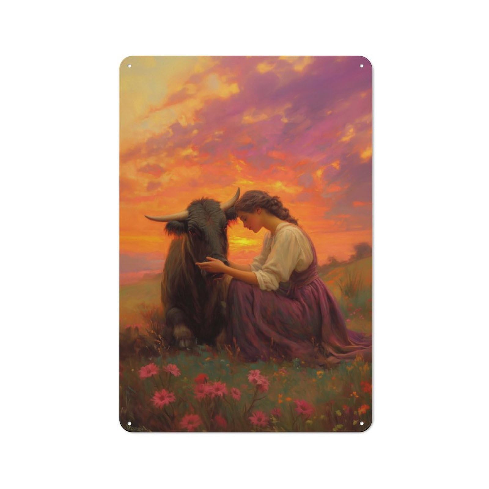 Junmoney Woman And Bull At Sunset Rustic Tin Wall Sign 30X20cm Featuring Bistro Wall Plaque For Restaurant, Kitchen, Counter Or Breakfast Nook