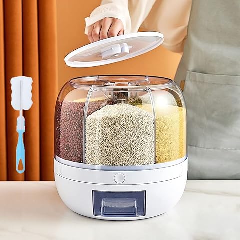 NIUASH 13 Lbs Rice Dispenser,Automatic Rice Dispenser Grain Storage Bin,360° rotatable Household Rice Bucket,6-Grid Rice Storage Dry Food Dispenser Grain Storage Dried Fruit Food Storage Box Cover