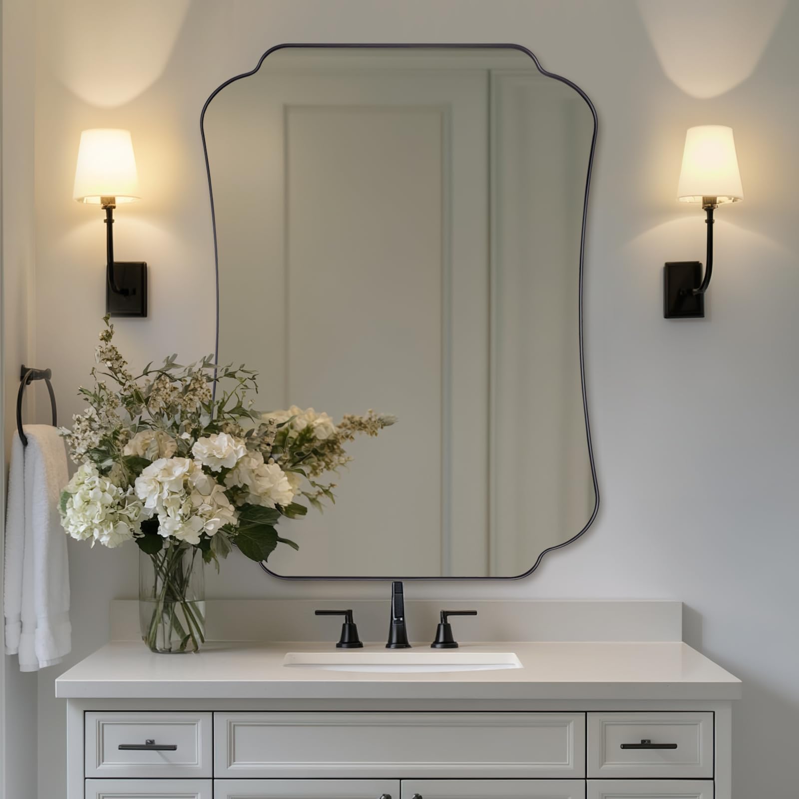 ANDY STAR 30x40 Inch Black Bathroom Mirror, Scalloped Wave-Edge Wall Mirror for Bathroom Vanity, Decorative Modern Vintage Metal Frame Mirror for Living Room, Entryway, Bedroom