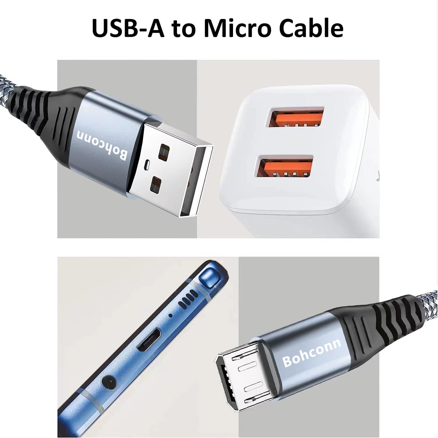 Cavo Micro USB Lungo 3m, Nylon Intrecciato, Ricarica Rapida 2.4A, Compatibile Samsung, Kindle, PS4, 2 Pezzi Grigio - 3