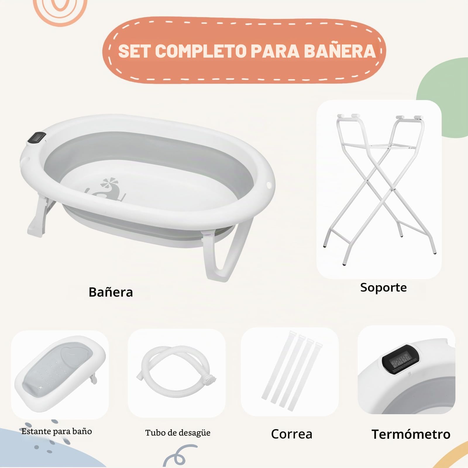 Bañera plegable con soporte antideslizante, alfombrilla de baño e inserto de bañera para recién nacidos y niños pequeños
