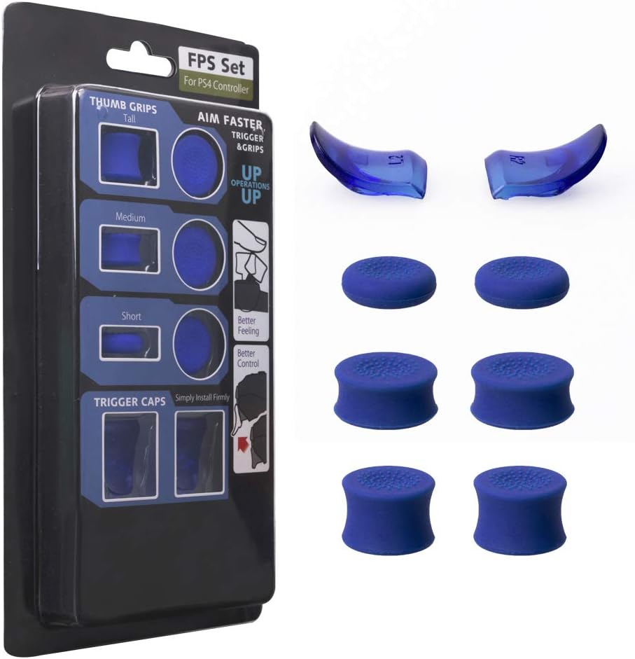 PS4 FPS Games Accessories Kit Anti Slip Silicon Analog Stick Thumb Grips Set with Trigger Extensions for Playstation 4 / Slim/Pro Controller (Blue)