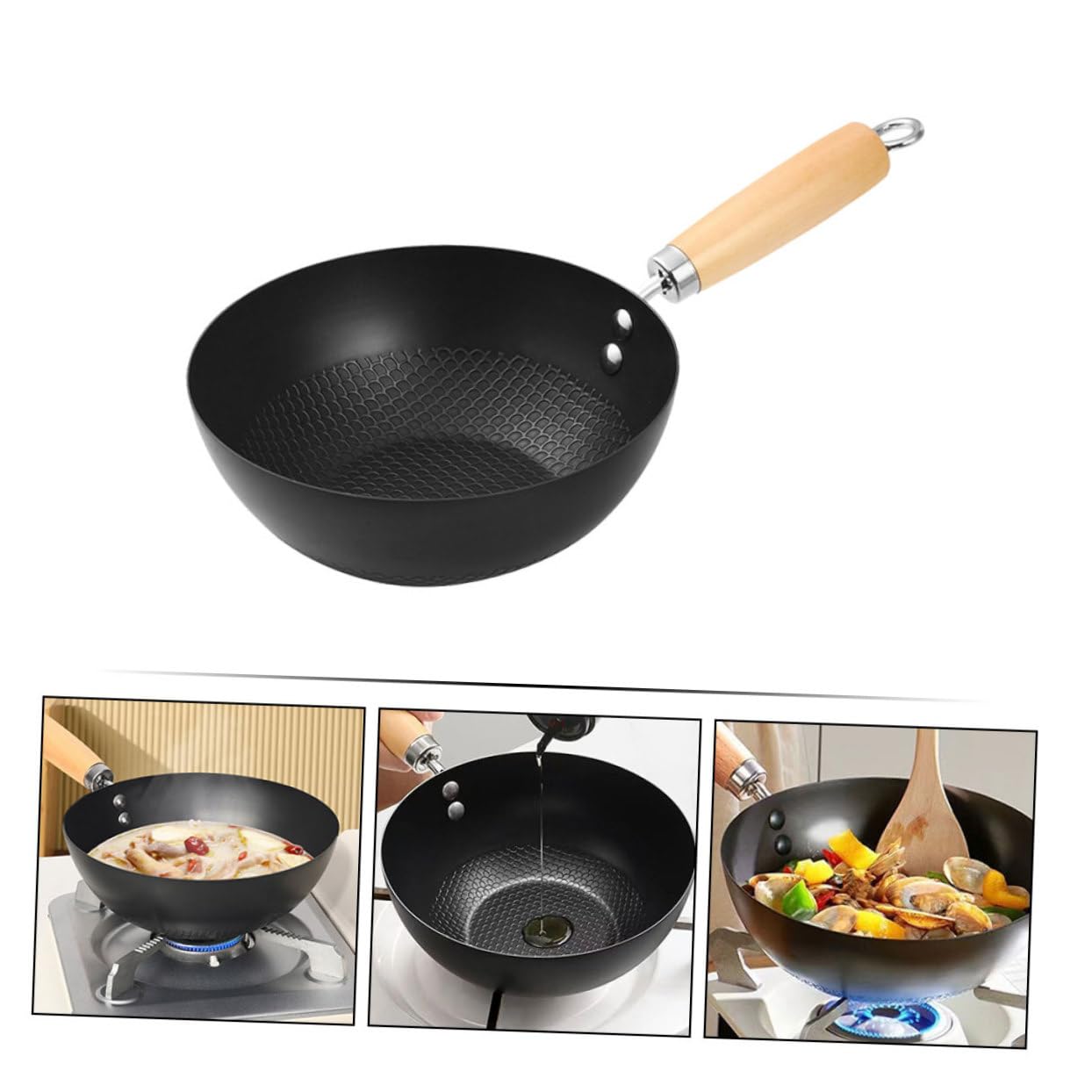 Alipis Kleine Wokpfanne für Induktionsherd Eisen mit Holzgriff Hitzebeständig Vielseitig für Braten und Dämpfen Schwarz