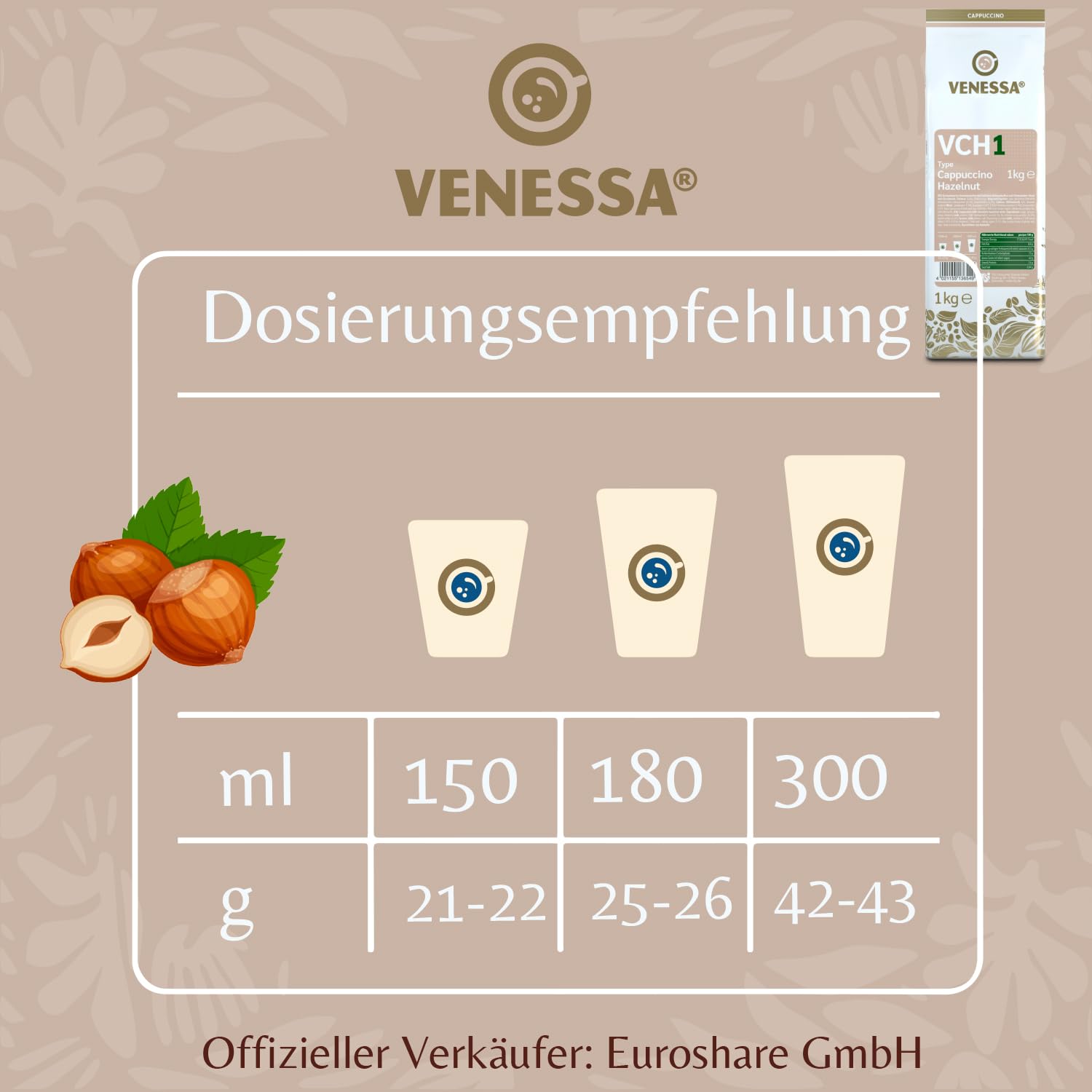 VENESSA VCH1 Cappuccino orzech laskowy, 20 x 1 kg, pyszna, kremowa kawa rozpuszczalna dla klientów biznesowych, vending, firm, gastronomii, dużych firm