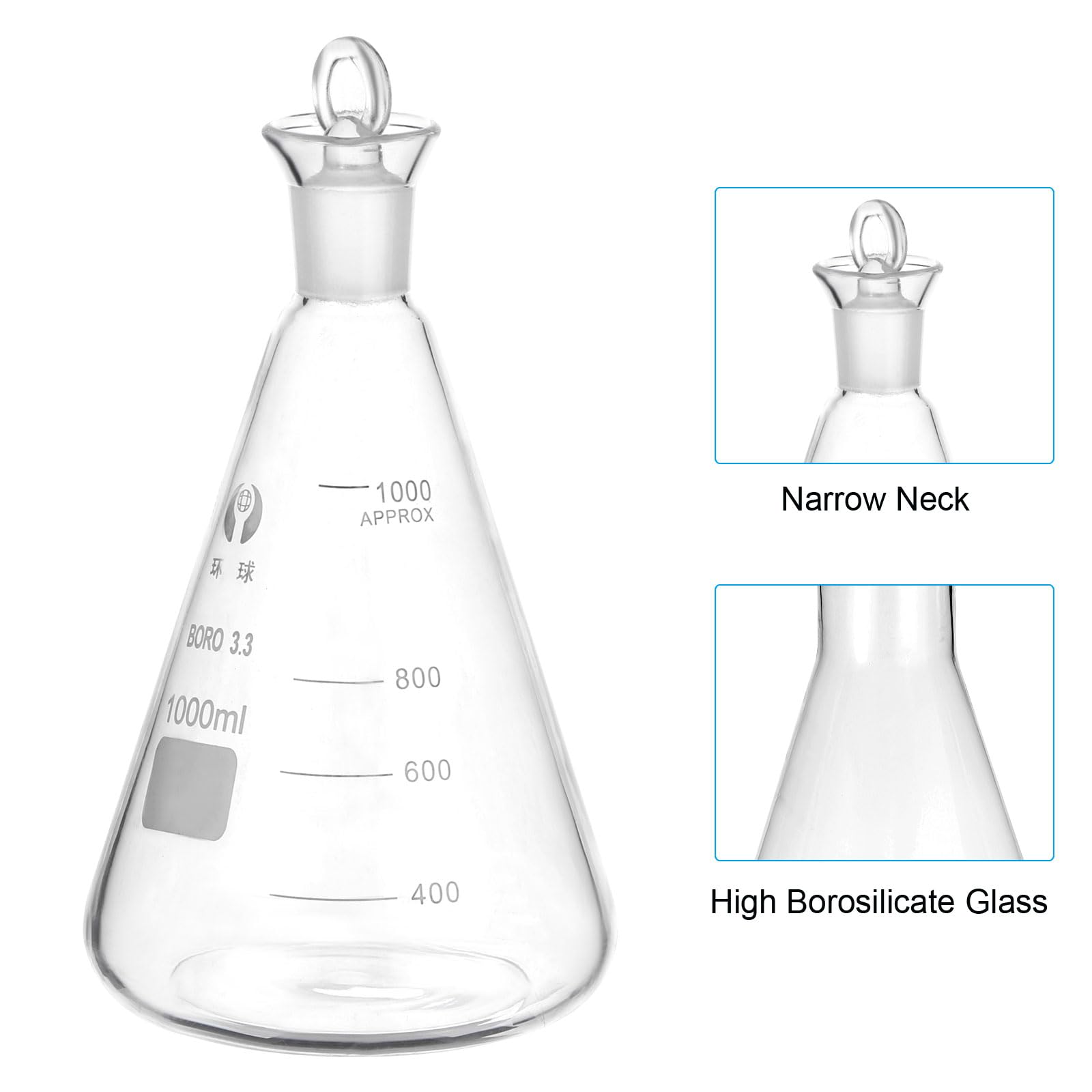 PATIKIL Erlenmeyerkolben 1000ml 33.8oz Enger Hals Messkolben Mit Glasstopfen Borosilicatglas Kolben Mit Aufgedruckter Skala Für Labor Experimente Chemie Wissenschaft