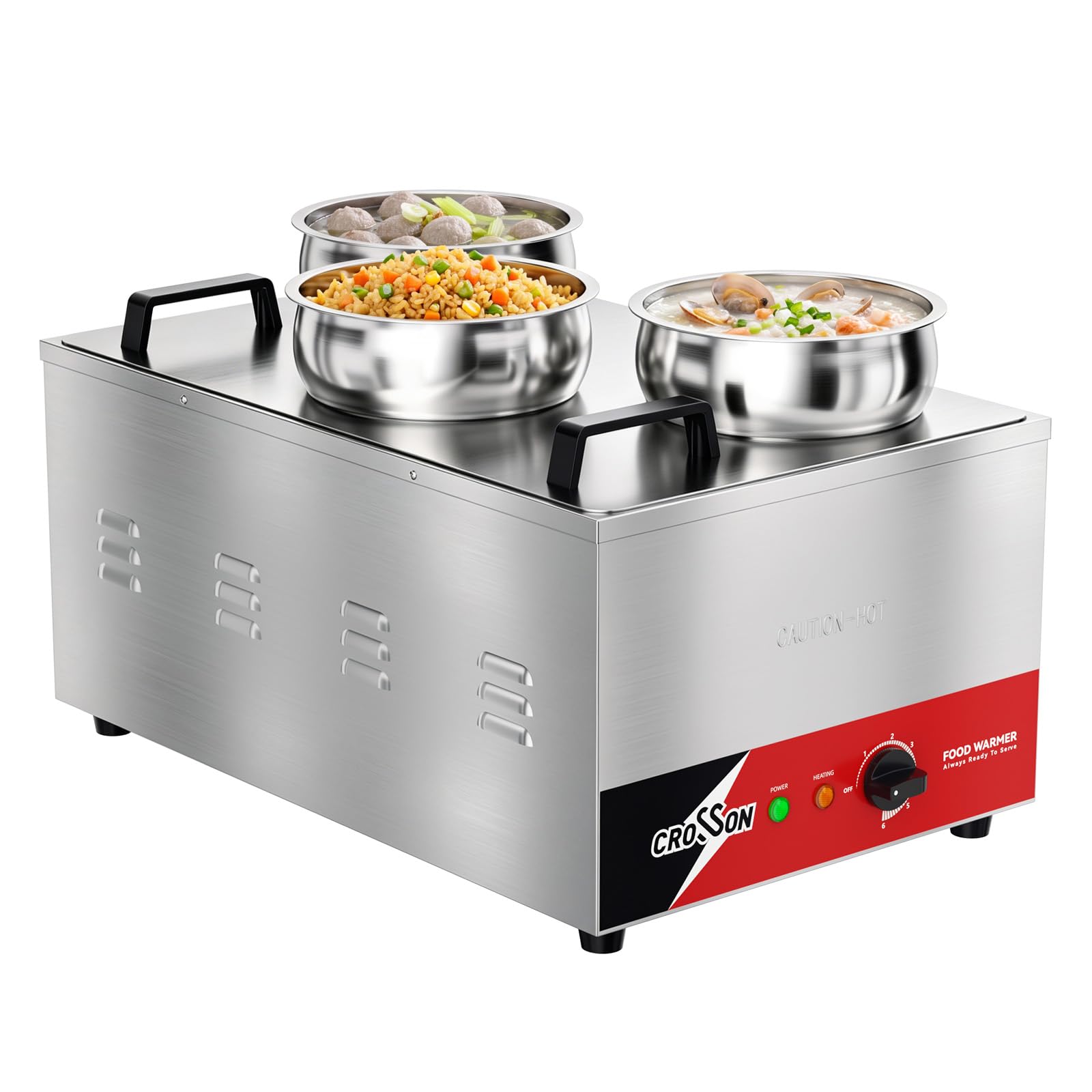crosson Comercial baño Maria electrico, 3 Recipientes Independientes de Acero Inoxidable de 4L, Calentador de Alimentos 230V/1200W, Temperatura Ajustable de 30°C a 85°C, Ideal para Fiestas, Comedores