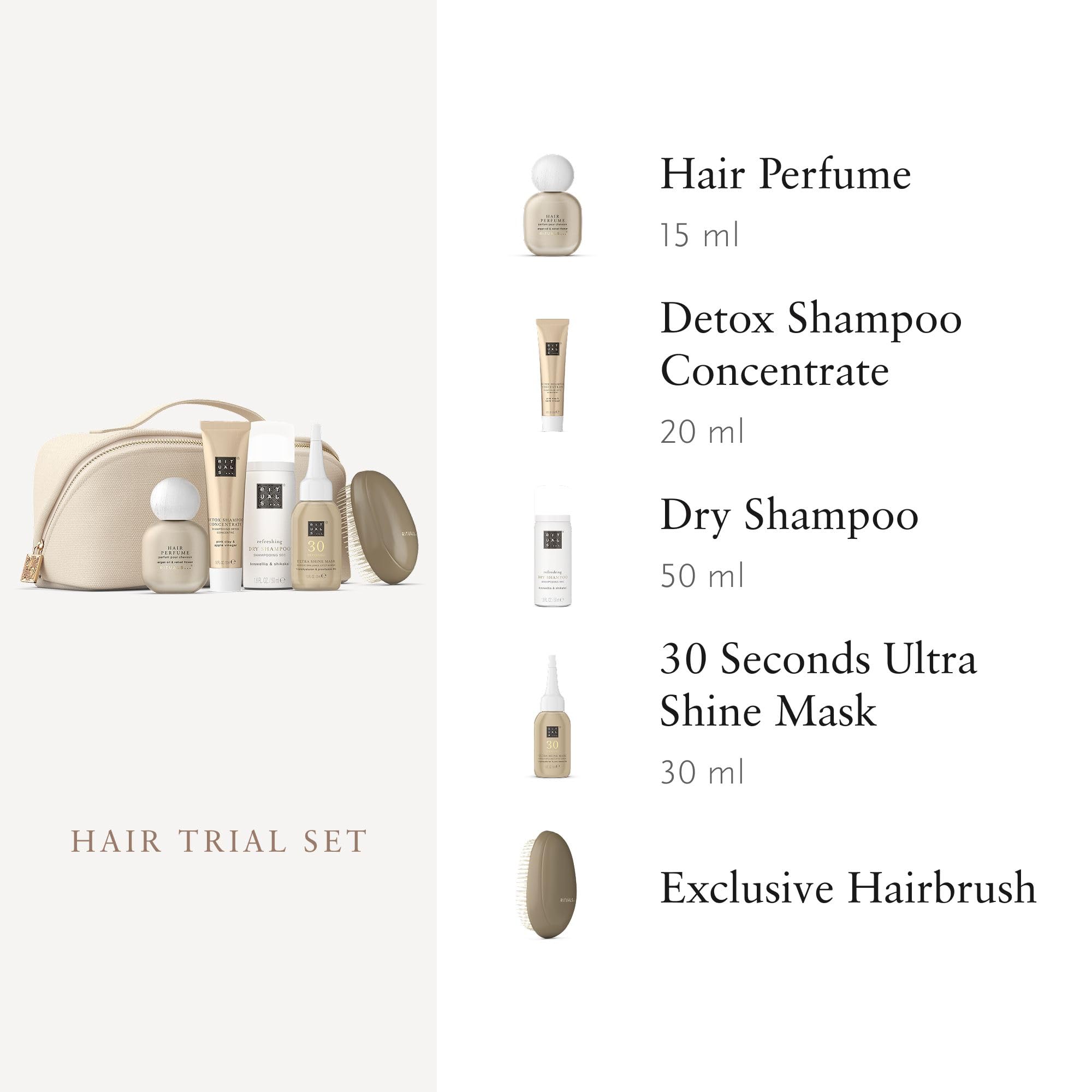RITUALS Haarpflege Set - 4 Reisegrößen + Exklusive Haarbürste in einer wiederverwendbarer Tasche – Detox Shampoo, Trockenshampoo, Ultra Shine Maske & Haarparfum