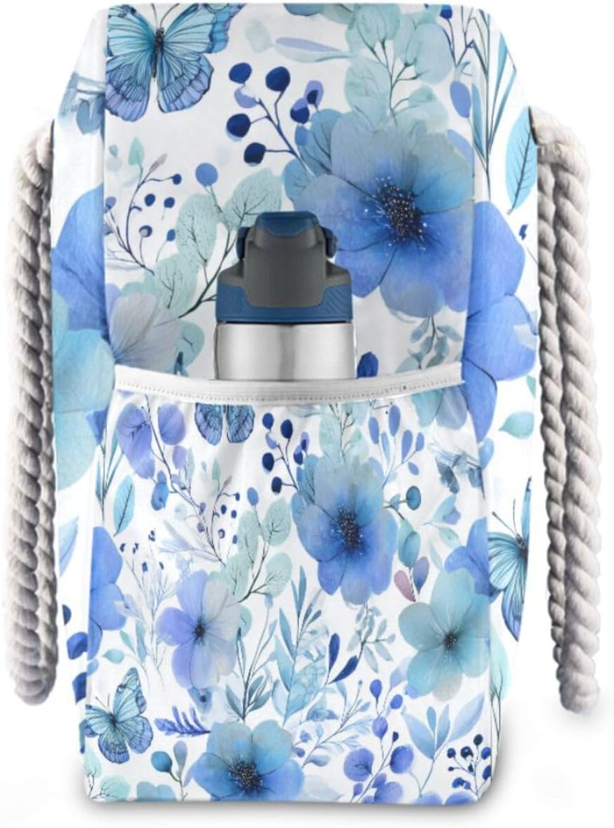 OTVEE Flower Butterfly with Leaves Patterns Beach Bags for Women Ladies Large Canvas Tote Shoulder Bag Waterproof Travel Bags for Gym Swim Pool Camping
