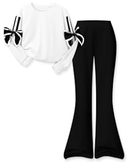 DISAUR Conjunto de 2 piezas de sudadera con lazo y pantalones acampanados | Mangas largas y prácticos bolsillos para pantalones para días escolares, salidas de fin de semana y ropa casual de otoño o