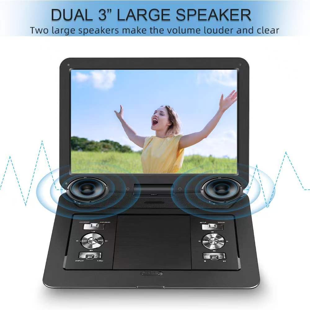 Lettore DVD portatile da 18 pollici con grande schermo girevole HD da 15,6 pollici, batteria ricaricabile 6 ore, lettore DVD portatile supporto USB/SD Card/Sync TV, diversi formati di dischi, nero