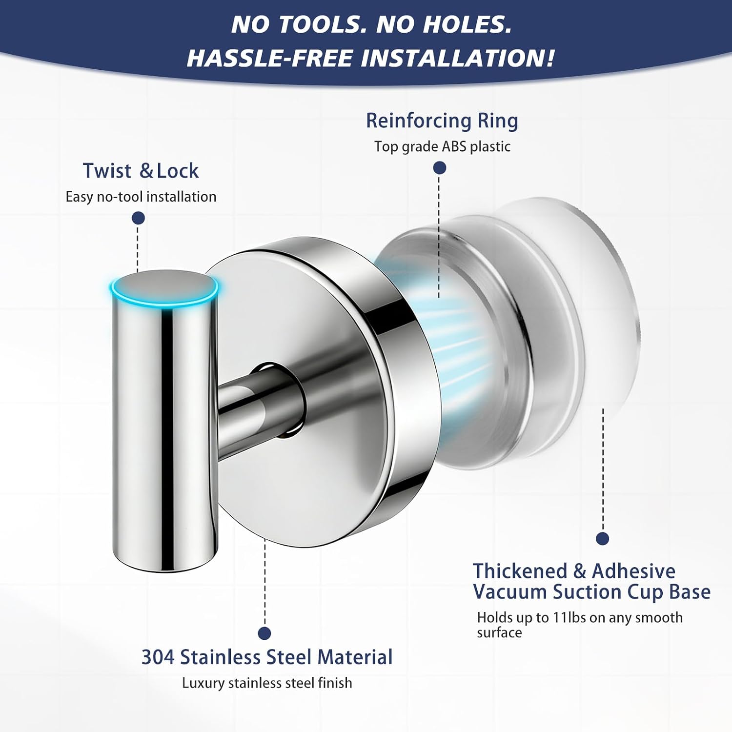 Waterproof No-Drilling Suction Cup Shower Hook, Chrome image 4