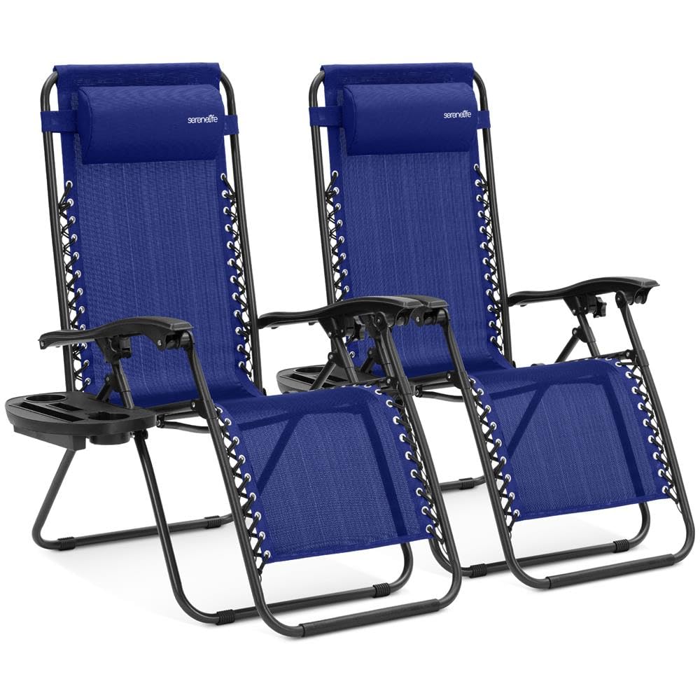 SereneLife Zero Gravity Lounge Chair, Adjustable Steel Mesh Recliners, with Removable Headrest and Cup Holder Trays, Side Tables, Set of 2, Blue