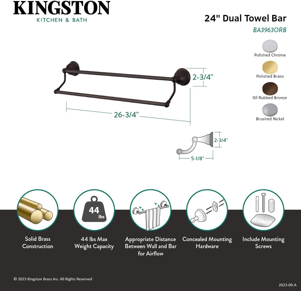Kingston Brass BA3963PB Restoration Dual Towel-Bar, 24-Inch, Polished Brass