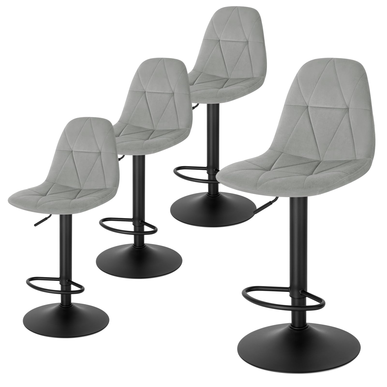 Lestarain Swivel Bar Stools Set of 4, Breakfast Barstools with Back & Footrest for Kitchen Counter Pub, Velvet, Light Grey