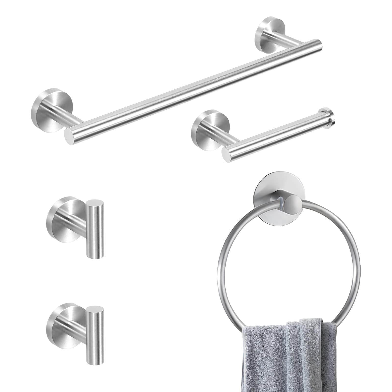 Towel Roll Rail Towel Holder Set, Stainless Steel Metal Bathroom Accessory Set, Toilet Paper Roll Holder Wall Hook Towel Ring Rack Bathroom Hardware (Silver)