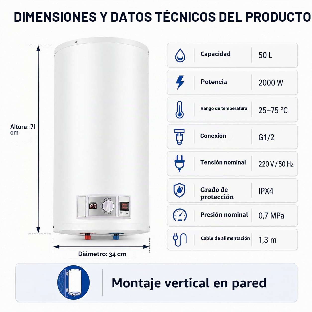 Calentador de agua caliente eléctrico de 50 L, 2000 W de potencia de calentamiento y termómetro, ahorro de energía, calentador de agua, calentador de agua caliente